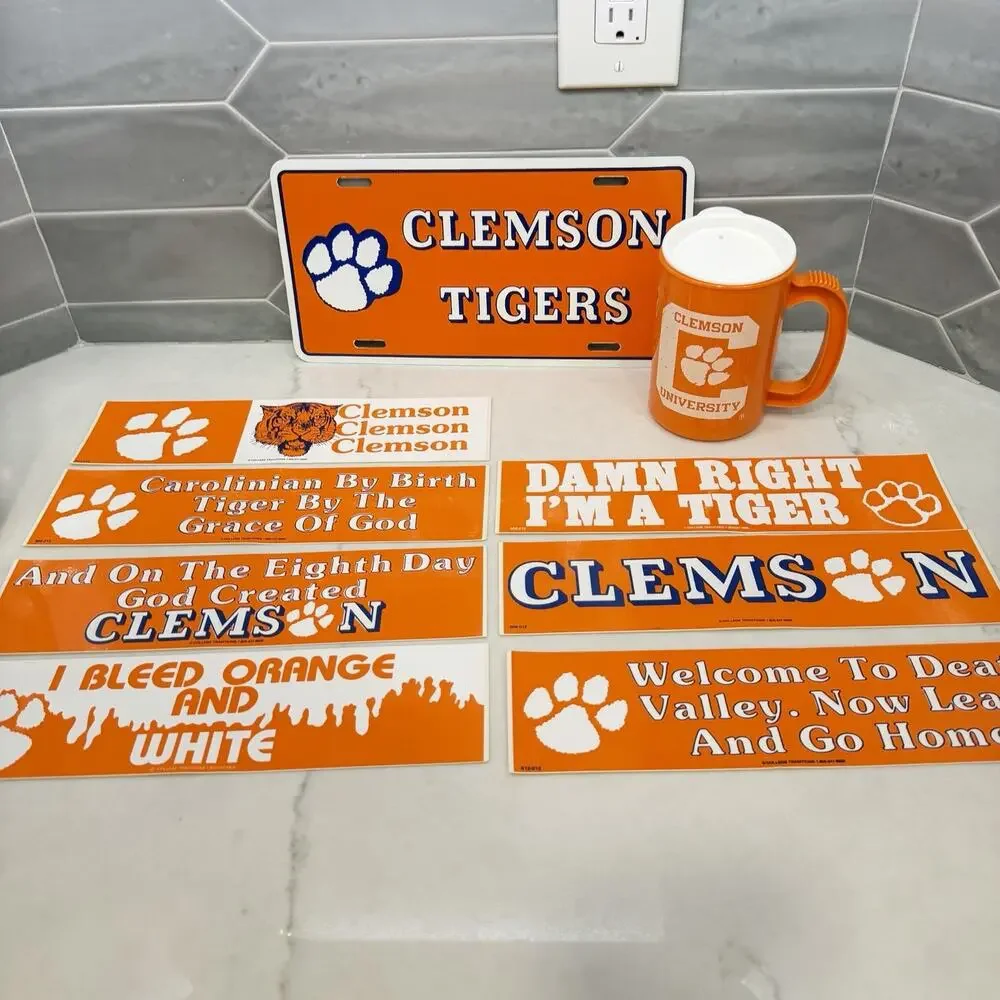 Vintage Clemson Tigers Fan Lot License Plate Bumper Sticker Travel Mug Sippy Cup
